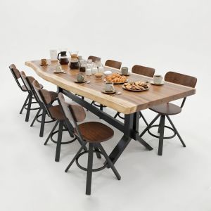 CBBA040 Durable <b>Rustic</b> <b>Dining</b> <b>Set</b> with 8 Chairs Antiqued ACACIA Wood and Marble for Kitchen or Home Furniture - Product Image 1