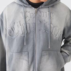 Vente en gros de sweats à capuche avec fermeture éclair unisexe avec logo personnalisé pour hommes, avec broderie abîmée au soleil sur la poche avant - Product Image 5