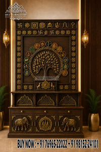 Temple traditionnel en bois de teck Khatu Shyam Baba pour la maison, avec rangement et présentoir pour les statues divines, pour la salle de Pooja de l'Inde du Sud - Product Image 5