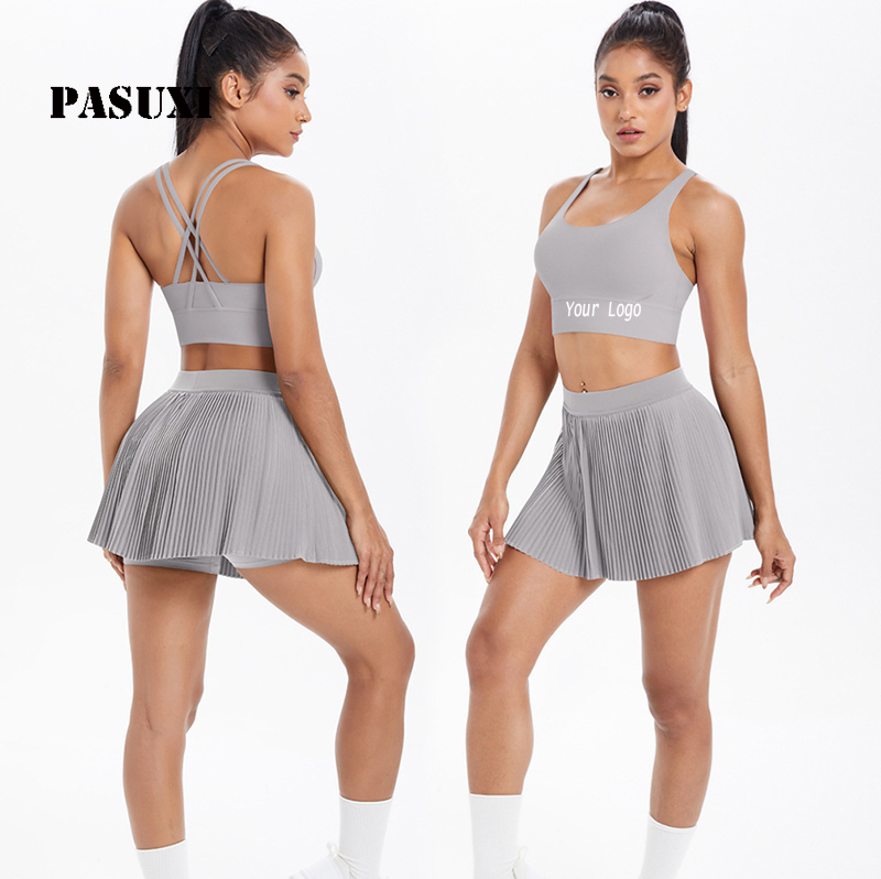 PASUXI Women Yoga Wear Set Quick-Dry Sports Bra & High-Waisted Pleated Skirt for Running Fitness Anti-Exposure
