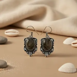 Pendentif/boucles d'oreilles en argent 925 pour femmes avec pierre ovale (quartz/perle/diamant) - Bijoux de mariage/fête - Product Image 2