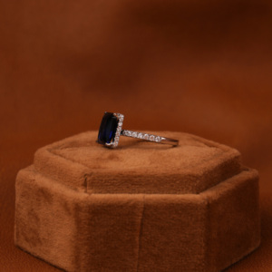 <b>Emerald</b> Cut Hidden Halo Lab Grown Diamond Luxury Fashion Engagement <b>Ring</b> With Dark Blue Center Stone <b>Ring</b> 14KT Solid Gold - Product Image 2