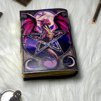 Carnet en cuir imprimé Dragon de Pierre, fait main, Grimoire, Livre de sorts avec Gemmes, Pentagramme, Soleil et Lune, Couverture rigide, Feng Shui