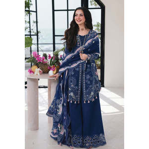 QALAMQAR 3PC Chikan Embroidered Chiffon <b>Top</b> Dupatta & Trousers-Khaadi <b>Net</b> Embroidered for Spring/Summer Model No. 4758 - Product Image 1