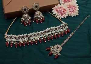 Nouveau design plaqué or traditionnel perle et goutte Kundan clouté Jumkha boucle d'oreille Mangtika collier ras du cou ensemble et ensemble de bijoux femme - Product Image 3