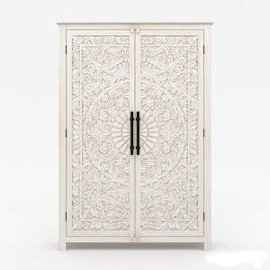 Armoire Grande en Bois Massif Blanc Vieilli Sculptée à la Main Calistoga Faite à la Main - Product Image 1