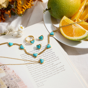 J & D ชุดเครื่องประดับแฟชั่นสุดหรูชุบทอง18K สแตนเลสแหวนรักสีฟ้าเทอร์ควอยซ์แบบเปิด - Product Image 2