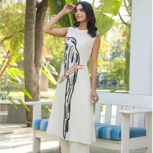 Designer Broderie Travail Couleur Crème Khadi Coton Kurta Pent Set Indien & Pakistanais Vêtements - Product Image 1