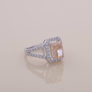 IGI Certified Radiant Cut Peach Diamond Halo Engagement & Wedding <b>Ring</b> in 14K White / Rose & Yellow Gold - Product Image 5