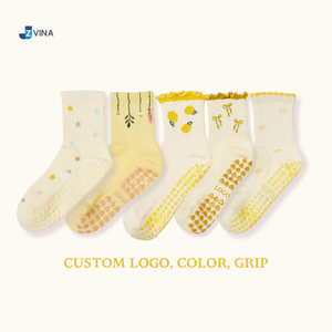 Chaussettes de Pilates antidérapantes en coton personnalisées, bleu pastel clair, vert, rouge, rose, marron, motif floral mignon, pour bébé, femme, vente en gros - Product Image 5