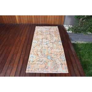 Tapis turc décoratif 2,6x6,1 pieds, tapis vintage, tapis persan en laine orange et bleu - Product Image 1