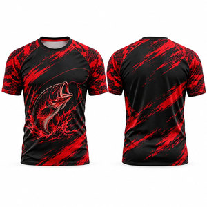 เสื้อตกปลาผู้ชาย สีแดง ลายปลาแบสสีดำ แห้งเร็ว UPF 50 โพลีเอสเตอร์ เสื้อกีฬา - Product Image 1
