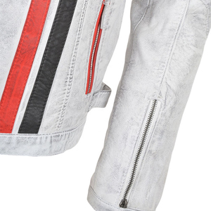 Veste en cuir de vache véritable de haute qualité pour homme, rayures sur le devant et les manches, veste de motard blanche cirée - Product Image 6