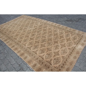 Vintage 6.4x11 ft Oversize Turkish Rug <b>Brown</b> Beige Patchwork <b>Wool</b> Eco-Friendly Latex Backed Rug - Product Image 2