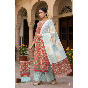 Conjunto de Traje de Algodón para Mujer con Estampado de Bloques y Dupatta, Ropa Tradicional Elegante - Product Image 1
