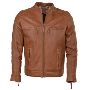 Chaqueta de Cuero Vacuno Marrón para Hombre, Estilo Coreano, Entallada, Cuello Alto, Manga Larga, para Primavera y Otoño - Product Image 1