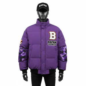 Mens Premium Purple Puffer <b>Jacket</b> Polyester Fabric Quilted Body <b>Camo</b> Elbow Panels Custom Embroidered Logo Puffer <b>Jacket</b> for men - Product Image 6