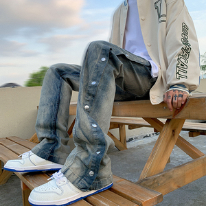 Venta al por mayor de pantalones con botones a presión, pantalones vaqueros rasgados para hombre, pantalones vaqueros para correr, pantalones vaqueros rasgados con costuras para niños - Product Image 5