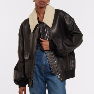 Chaqueta de Cuero con Cuello de Piel de Oveja Marrón Oscuro Genuina para Mujer, Diseño Personalizado Duradero con Cremallera, Invierno 2026 - Product Image 6