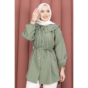 เสื้อฮิญาบสีกากีแบบเรียบง่าย คอปกสองชั้น พร้อมเชือกรูดเอว สไตล์แฟชั่น - Product Image 2