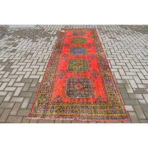 4.1x11.5 ft Rug, Vintage Turkish Rug, <b>Red</b> <b>Wool</b> Rug - Product Image 1