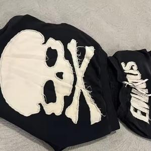 2025 OEM personnalisé hommes en détresse broderie Patch deux pièces survêtement ensemble acide lavage strass à capuche grande taille hiver - Product Image 3