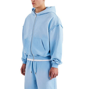 Conjunto de Pantalones Cortos y Sudadera con Capucha de Alta Calidad para Hombre, Estilo Holgado, Lavado, con Detalles de Costuras Deshilachadas, Bolsillo Tipo Canguro con Cremallera, Color Azul Claro - Product Image 5