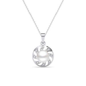 Chaîne pendentif en argent Damsa tendance avec perle naturelle et placage rhodium, diamant taille coussin, motifs floral/pendentif papillon/voiture pour fiançailles - Product Image 1