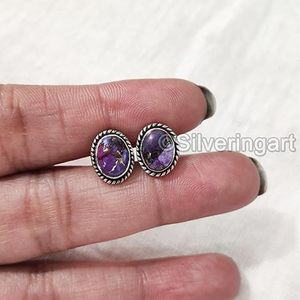 Boucles d'oreilles clous pour femmes, pierre précieuse turquoise cuivre naturel violet, bijoux unisexes faits à la main, argent sterling 925 - Product Image 5