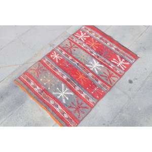 Vintage Turkish Kilim Small Rug 2.1x3 ft, <b>Red</b> Solid Rug <b>Wool</b> - Product Image 3