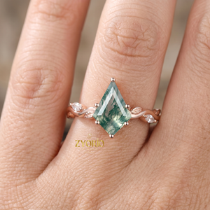 Anillo de compromiso de ágata musgosa con corte cometa, plata de ley 925, anillo de promesa con diseño de hoja inspirado en la naturaleza para mujer - Product Image 6