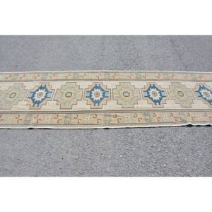 Alfombra Kilim turca Vintage Beige azul 3X10,4ft respaldo de látex de lana hecho a mano para dormitorio pasillo sala de estar patchwork abstracto - Product Image 3