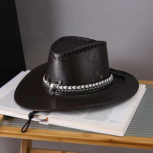 Sombrero de caballero vaquero occidental de estilo Vintage Unisex, visera grande con estampado de cuero, sombrero de copa Jazz para ropa informal al aire libre para hombres - Product Image 5