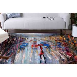 พรมลายวิวเมือง: ผู้หญิงกับร่มสีแดง พรมศิลปะสมัยใหม่ พรมขนนุ่ม - Product Image 1