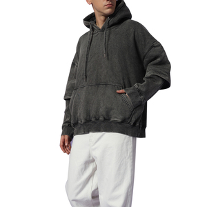 Sudaderas con capucha de manga doble lavadas de peso pesado para hombres Sudaderas con capucha desgastadas lavadas con ácido de gran tamaño para hombres - Product Image 1