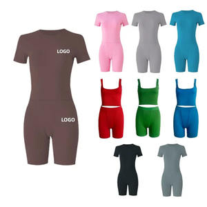 Logo personnalisé côtelé deux pièces ensemble de shorts de détente haute qualité été 2 pièces ensemble de vêtements pour femmes ensemble à manches courtes - Product Image 4