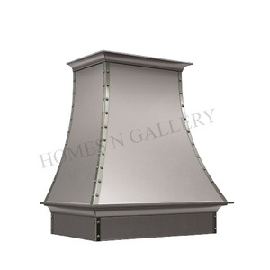 Hotte murale sur mesure de style européen en acier inoxydable antique, corps conique, rivets décoratifs, finition zinc argent antique - Product Image 4
