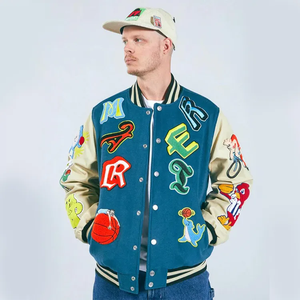 Blue OEM custom leather sleeve chain red embroidery <b>bomber</b> <b>baseball</b> vintage letterman varsity <b>jackets</b> - Product Image 6