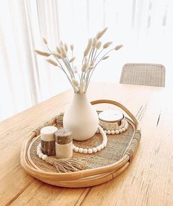 Plateau en rotin de bambou fait main plateau en rotin avec poignée tissé à la main rond haut mur plateaux de séparation des aliments multi-usages - Product Image 6
