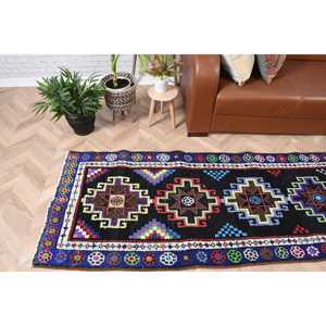 Alfombra Turca Vintage de Lana Azul Herki, 2.7x12.2 pies - Product Image 1