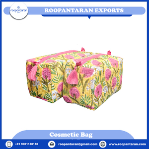 Cosmétique en coton matelassé imprimé de bloc de main indien de haute qualité pour trousse de toilette ensemble de deux avec fermeture à glissière pour le maquillage - Product Image 6