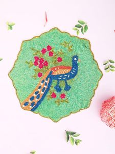 Peacock Design Pattern Wedding Christmas Decoration Family Gatherings Parties Glass Beaded Polyester Mats Pads Dining <b>Table</b> - Product Image 2