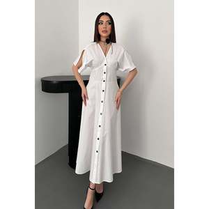 Robe en popeline blanche boutonnée mi-longue - Blanc - Product Image 1