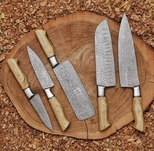 Juego de Cuchillos de Acero de Damasco de Alta Calidad Hechos a Medida con Mangos de Madera, Juego de 5 Piezas con Funda de Cuero, Precios al por Mayor - Product Image 3