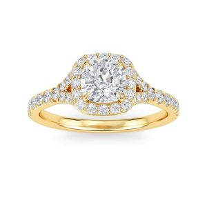 Halo de solitario de diamante cultivado en laboratorio de forma redonda de 1,5 quilates con anillo de compromiso de acento en oro amarillo de 14 quilates para mujer, joyería fina - Product Image 1