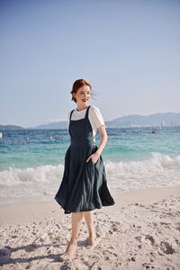 Vestido de primavera para mujer Midi Delantal Vestido de lino Estilo delantal con bolsillos Cómodo y elegante - Product Image 4