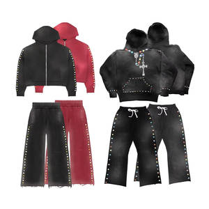 Survêtement unisexe personnalisé à 100 %, respirant, hiver, à capuche, effet vintage délavé, détails en strass, vente en gros - Product Image 2