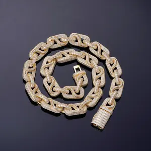 Cadena cubana de eslabones gruesos de 14 mm con diamantes incrustados, chapada en oro, estilo hip hop. - Product Image 5