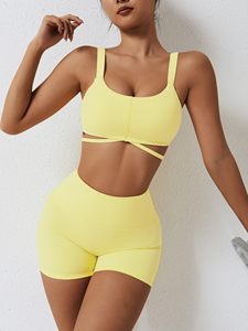 Conjunto de Yoga con patrón sólido de nuevo estilo para mujer, diseño personalizado, ropa deportiva para gimnasio con logotipo en la cintura, incluye pantalones cortos - Product Image 5