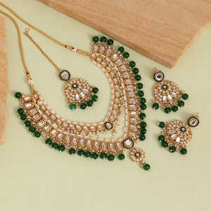 Green Color <b>Gold</b> Plated Alloy Kundan & Imitation <b>Pearl</b> <b>Necklace</b> Set with Earrings and Maang Tikka - Product Image 1
